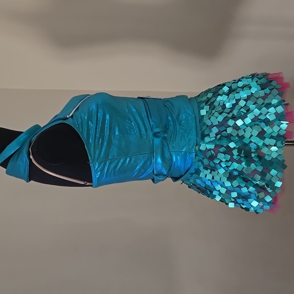 Weissman Turquoise Metallic Sequin w/ Hot Pink Leotard Dance Costume with Belt - Picture 4 of 16